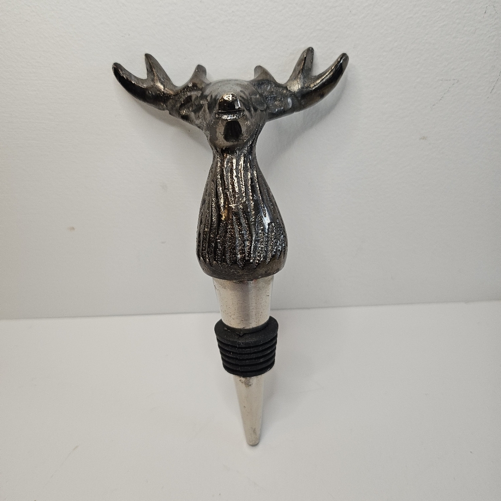 Reindeer head wine bottle stopper silver tone Christmas decor